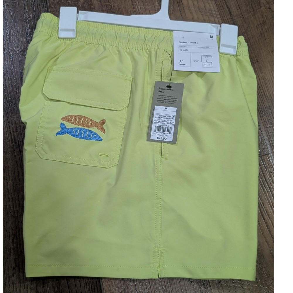 Goodfellow Swim Trunks Mens Size M Neon Green NWT 5" Inseam Embroidered Fish